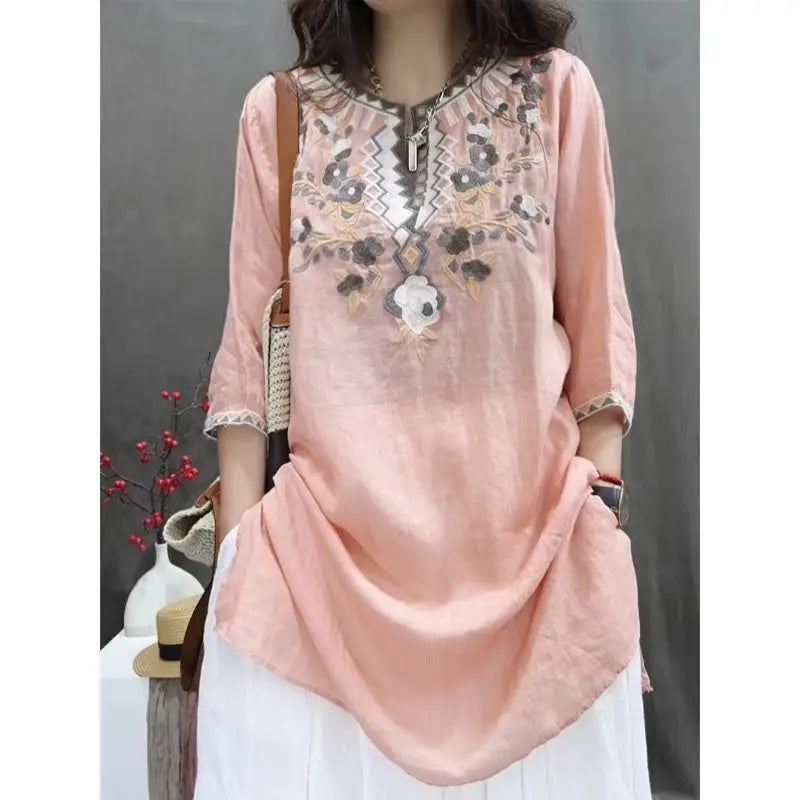 Summer Heavy Industry Women's Vintage Embroidered Medium-length Loose Cotton and Linen Stylish Casual Pullover Top
