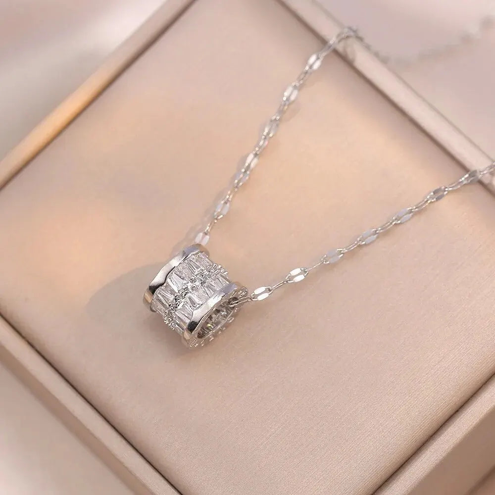 Trendy Stainless Steel Double Layer Necklace for Women Fashion Crystal Bead Pendant Necklaces Clavicle Chain Party Jewelry