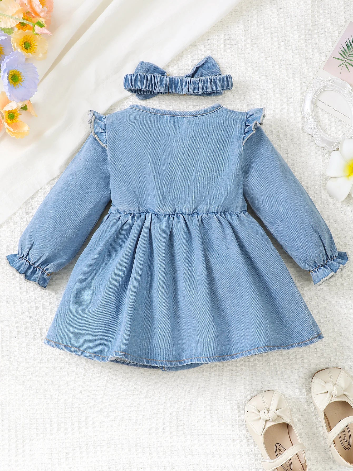 Winter  Newborn  Infant  0-18 Months  Baby  Girl  Dress  Long  Sleeve  Denim  Romper  Princess  Party  Dresses  With  Hair  Hoop