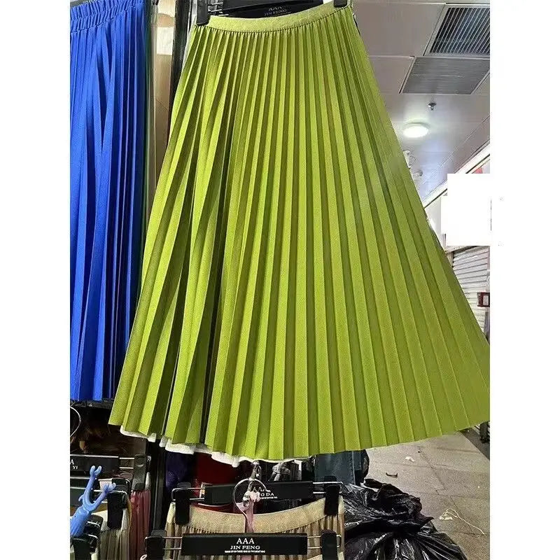 2024 Women Elegant Pleated Skirt High Waist Women Mid-long Skirt Female Ladies High Quality Women Midi Skirt Black Saia