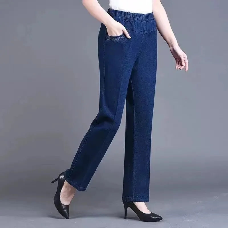 Middle aged elderly Women's Jeans Embroidered Pockets Elastic waist Mom Pants Casual Denim Straight leg Trousers 2025 New Spring