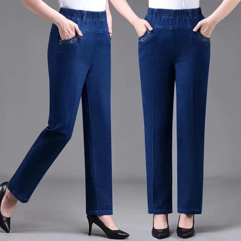 Middle aged elderly Women's Jeans Embroidered Pockets Elastic waist Mom Pants Casual Denim Straight leg Trousers 2025 New Spring