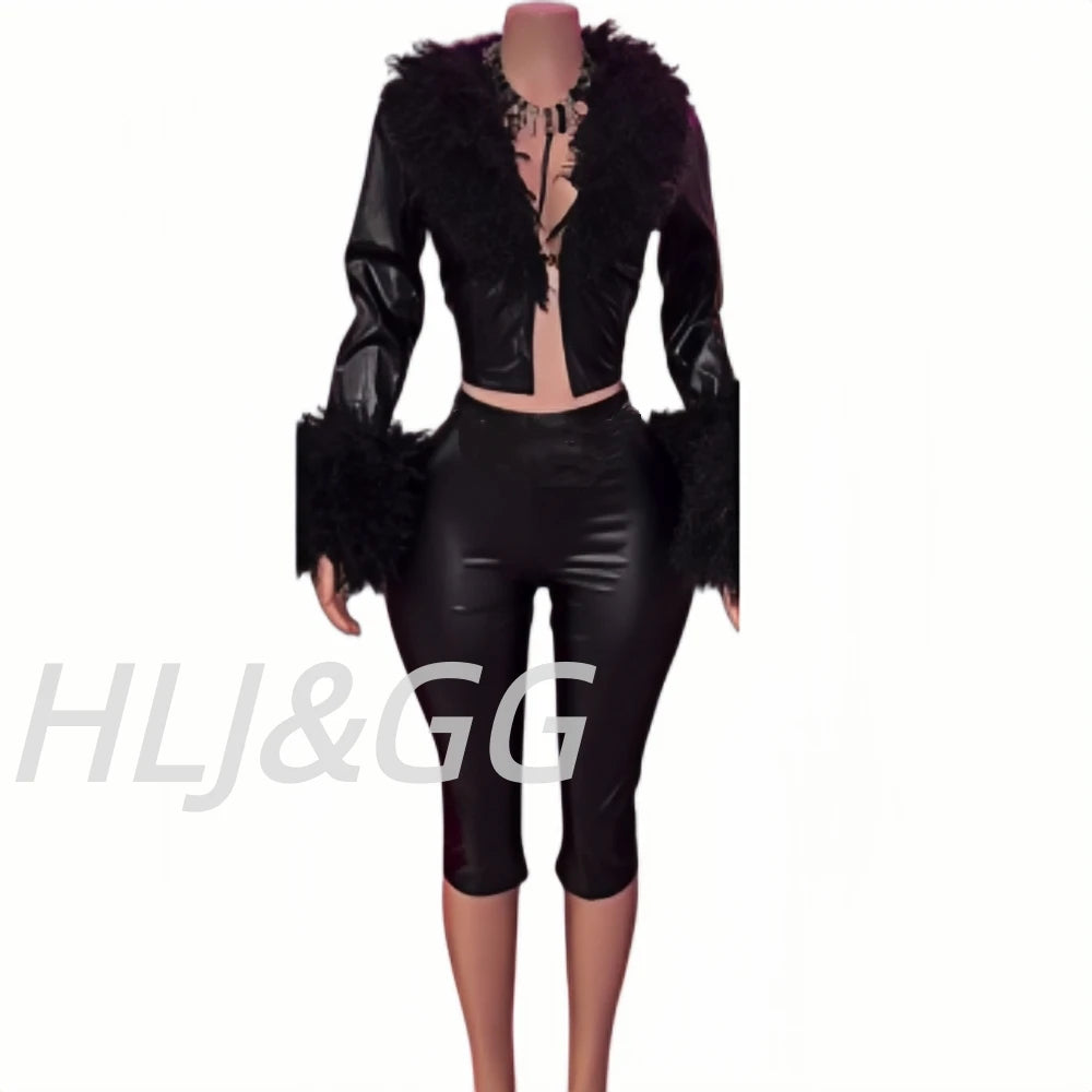 HLJ Black Fashion Feather Splicing Leather Two Piece Sets Women V Neck Long Sleeve Top+Shorts Outfits Trend Y2K 2pcs Streetwear