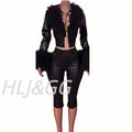 HLJ Black Fashion Feather Splicing Leather Two Piece Sets Women V Neck Long Sleeve Top+Shorts Outfits Trend Y2K 2pcs Streetwear