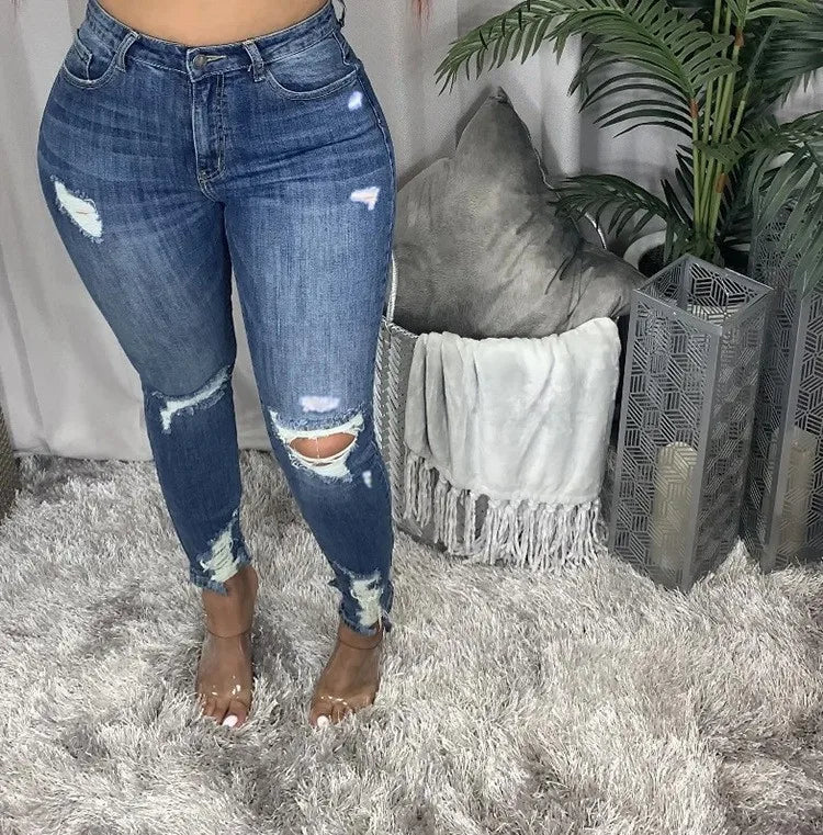 Jeans Women Hole Denim Pencil Pants Ripped Distressed Washed Skinny Stretch High Waist Streetwear Ankle Length Trousers 2025