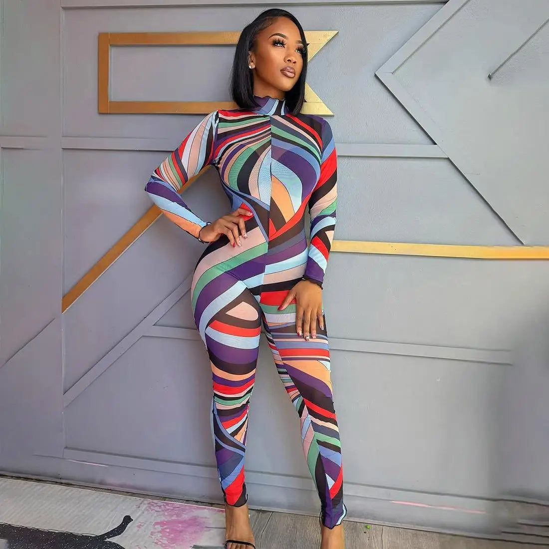 Geometric Patterned Long Dr f High Ne Busin Casual Polyester Fiber High Waist Splice Skirt Single Piece