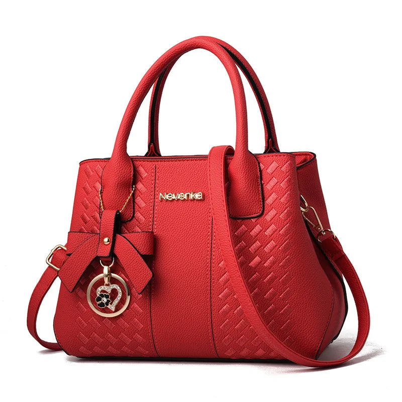 Bow Metal Pendant Top Handle Satchel Crossbody Bag, PU Leather Textured Bag Purse, Classic Versatile Fashion Shoulder Bag