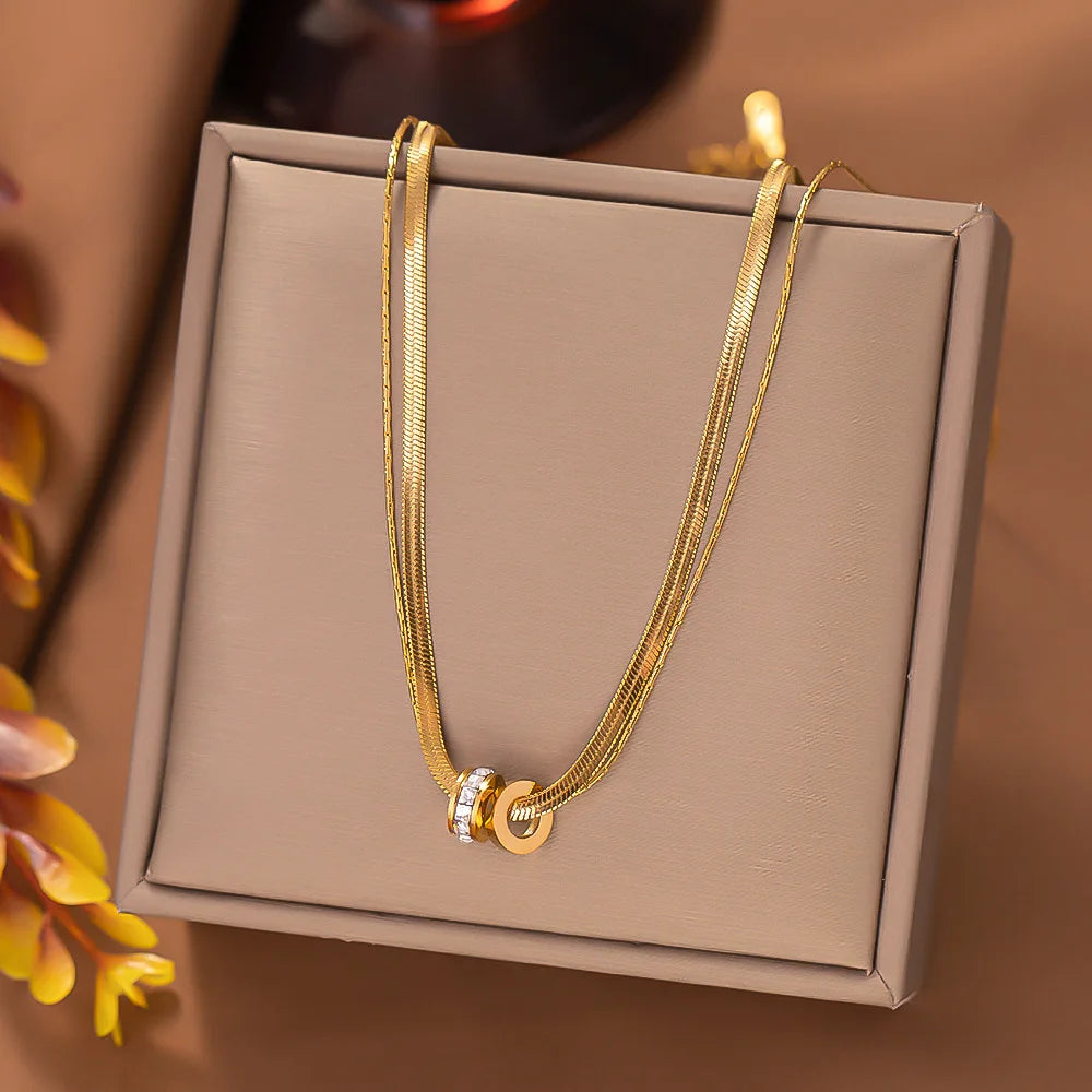 Trendy Stainless Steel Double Layer Necklace for Women Fashion Crystal Bead Pendant Necklaces Clavicle Chain Party Jewelry