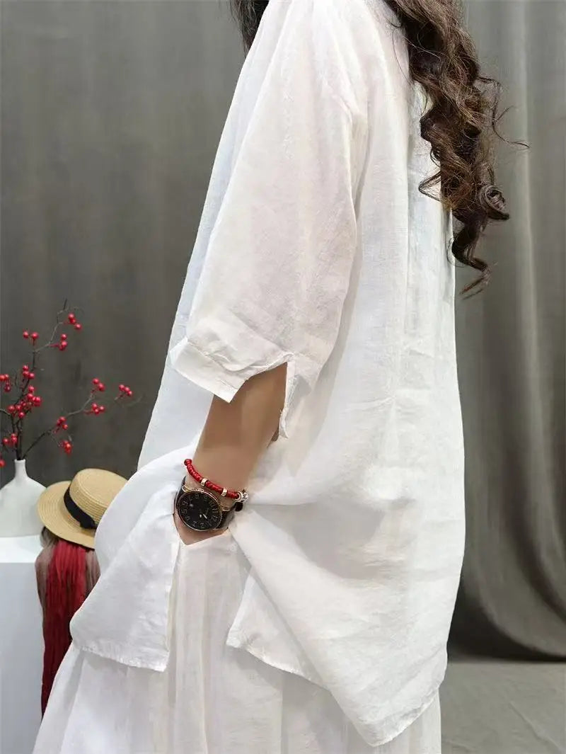 Summer Heavy Industry Retro Embroidered Shirt Mid-length Loose Cotton and Linen Fashionable Shirt Casual Literary Pullover Top