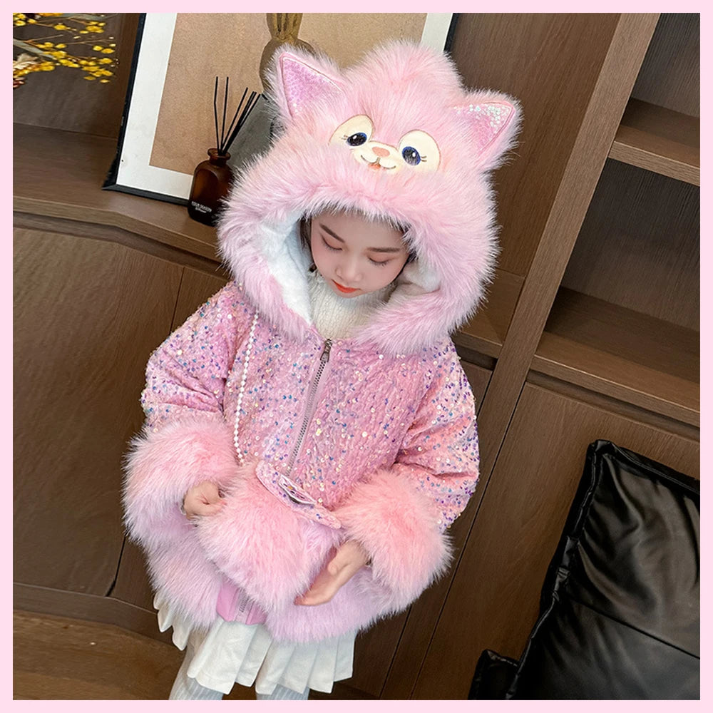 Cute Stellalous Kuromi Girl Fur Coat Plush Jacket Fashion Hooded Padded Jacket Winter New Teen Thicken Warmth Fur Coat Outerwear