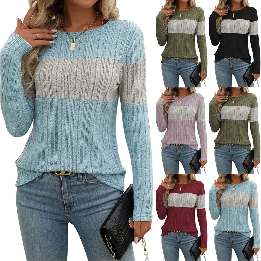 2025 Spring New Women's Long Sleeve Blouses Female Casual Color Blocked Pit Stripes Shirts For Women O-Neck Knitted Loose Tops