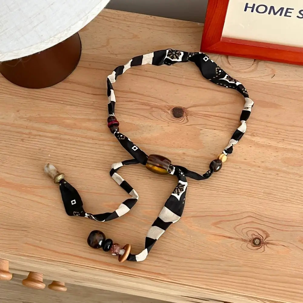 Strip Cloth Chain Necklace Multicolor Ethnic Style Wood Bead Necklace Clavicle Chain Jewelry Accessories Bohemian Choker Gift