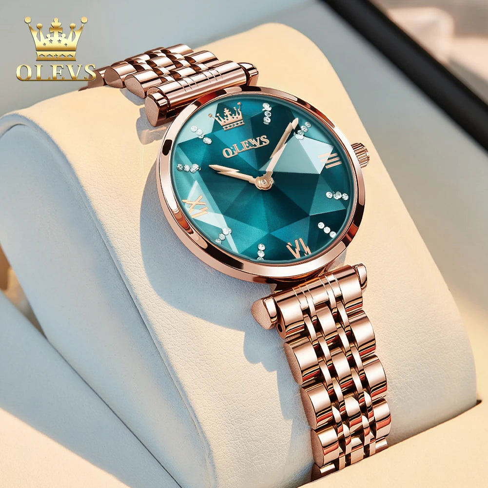 OLEVS Japan Quartz Movement Women's Watches Elegant Rose Gold Steel Strap Fashion Rhombus Glasses Waterproof Ladies Watches 6642