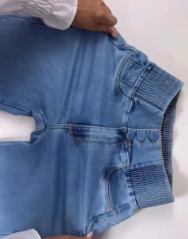 Fashionable Women's New Jeans Back Shirred Button Front High Waist Jeans Temperament Commuting Casual Comfortable Jeans