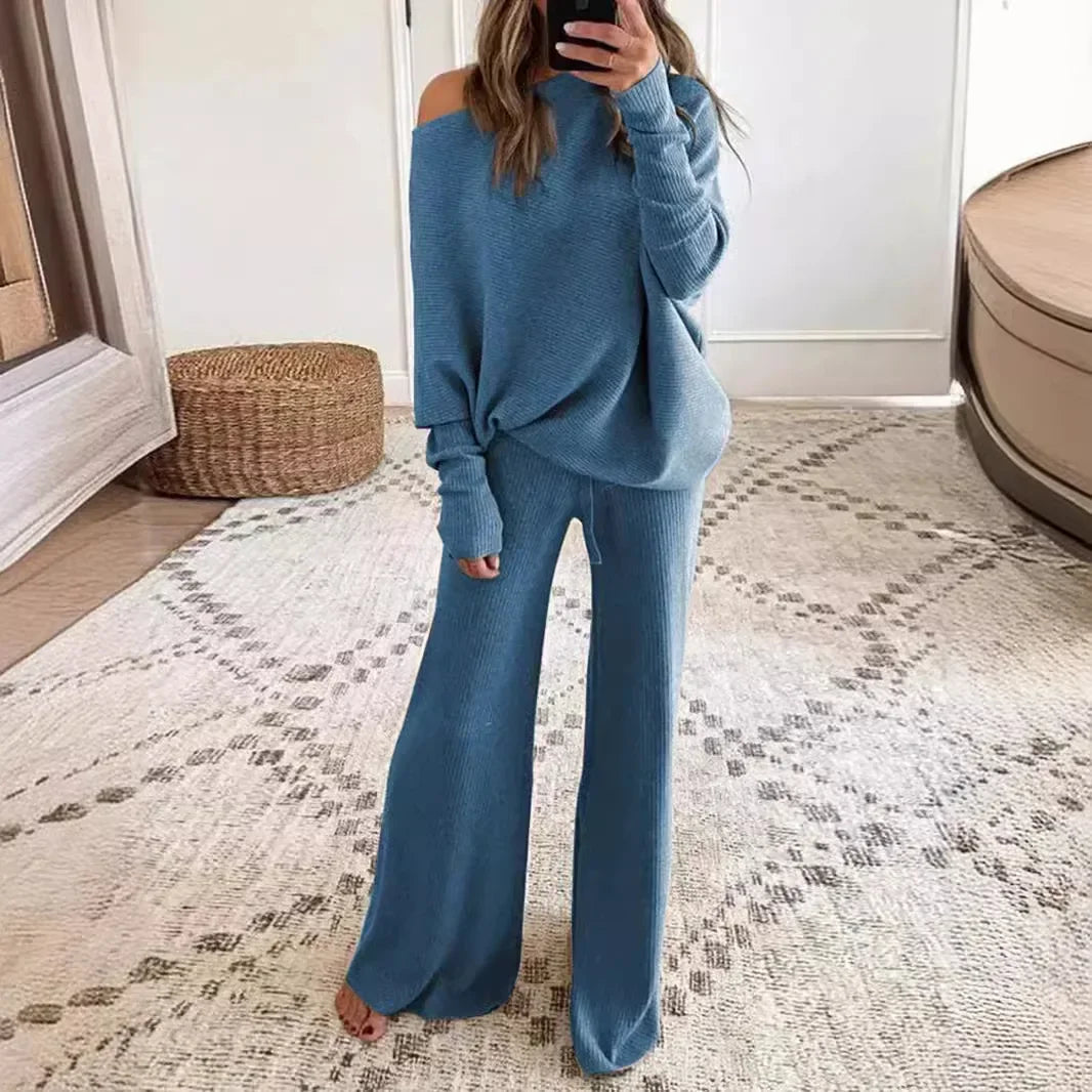 New Women's 2pcs Clothes Set Solid Color Round Neck Long Sleeve Casual Top & Loose Wide Leg Pants Home Wear
