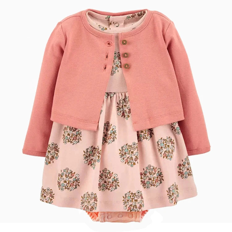 2pcs Spring Summer Infant Baby Girls Clothes Sets Toddler Dresses Long Sleeves Cardigan+Bodysuit Dress Newborn Girl Outfit