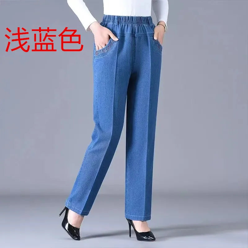 Middle aged elderly Women's Jeans Embroidered Pockets Elastic waist Mom Pants Casual Denim Straight leg Trousers 2025 New Spring
