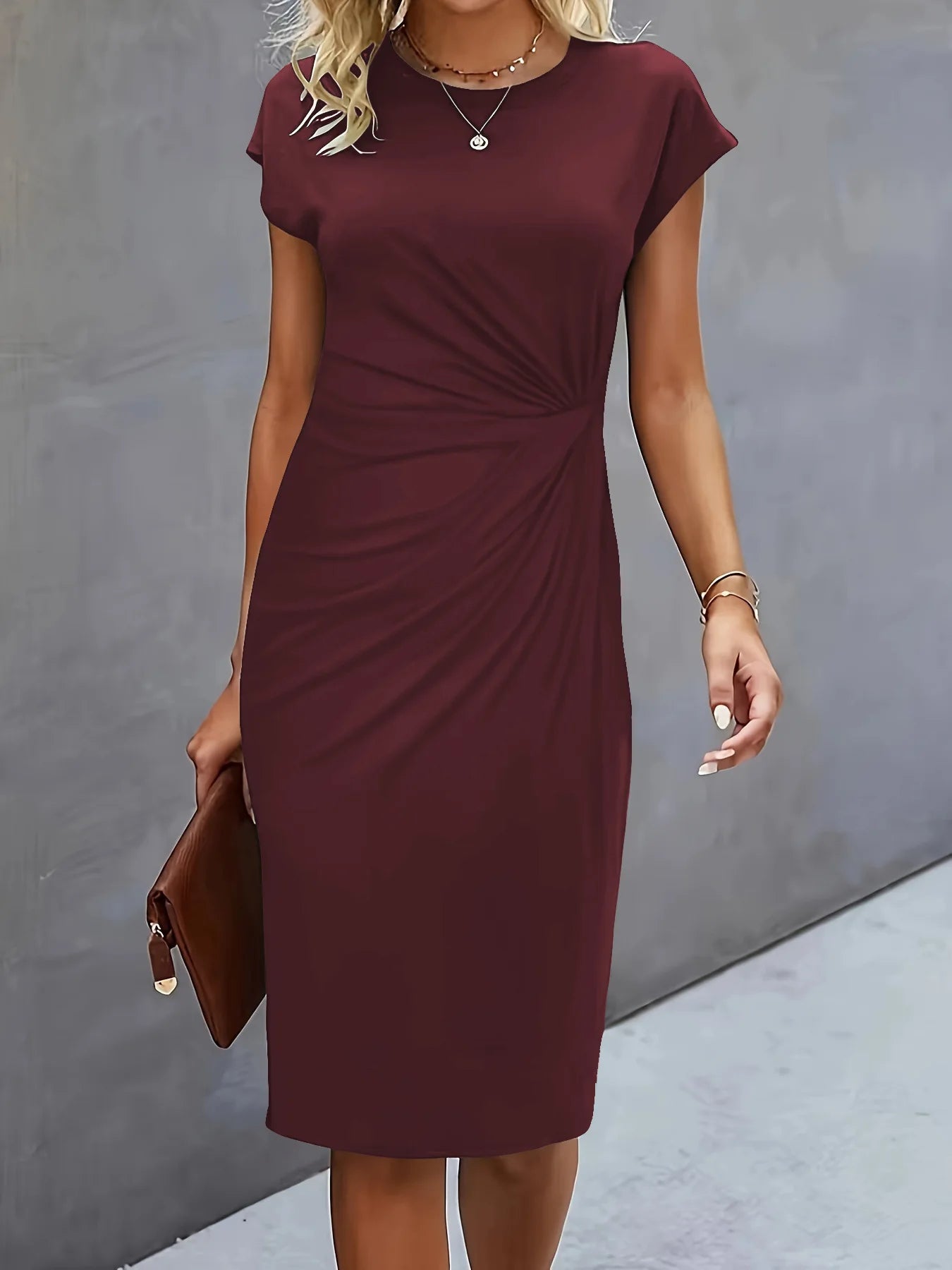 Women's casual dress tight dress front knot round neck medium-long dress fashion basic daily wear