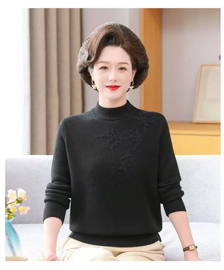 Winter Mother Dress Plus Velvet Thickened Sweater for Women Middle-aged Elderly Fashionable Knitted Base Top
