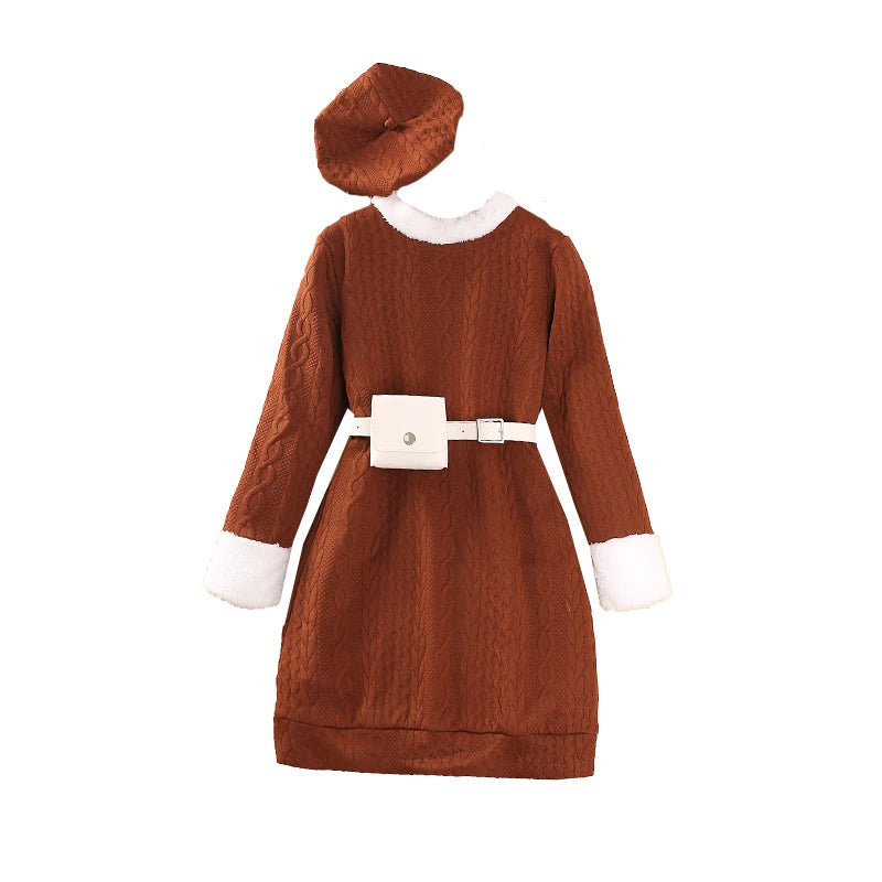 Autumn and winter dresses for girls aged 8-12, round neck, long sleeves and knee-length skirts, berets are sweet, lovely, warm a