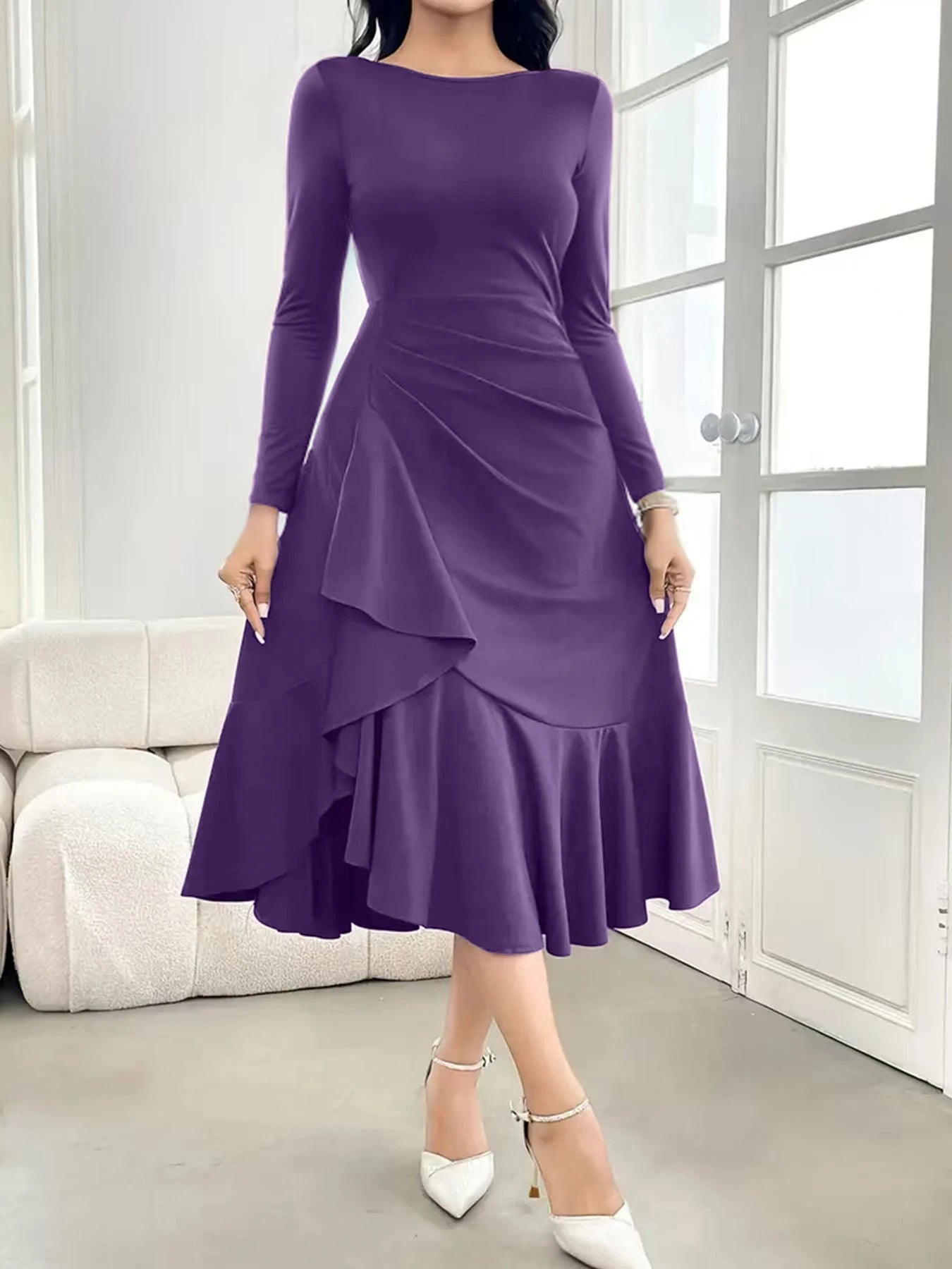 Solid Color Evening Dress, Round Neck, Long Sleeves, Fishtail Skirt, Slim Fit, Elegant Mid-Length Dress