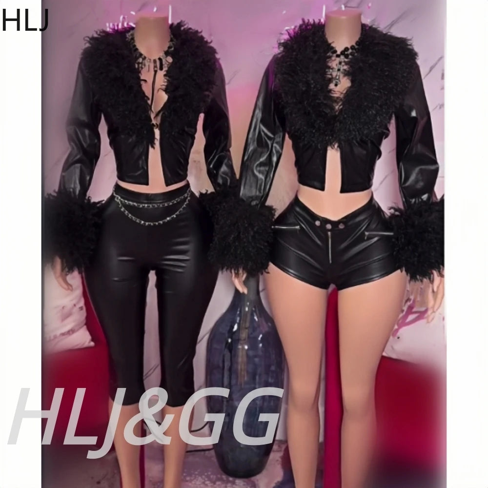 HLJ Black Fashion Feather Splicing Leather Two Piece Sets Women V Neck Long Sleeve Top+Shorts Outfits Trend Y2K 2pcs Streetwear