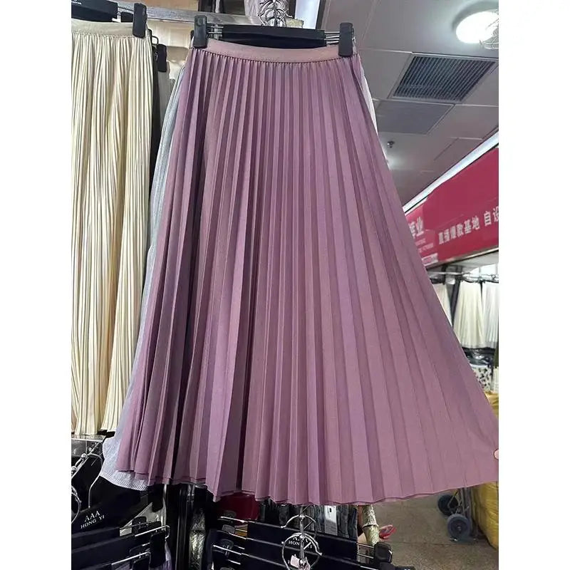 2024 Women Elegant Pleated Skirt High Waist Women Mid-long Skirt Female Ladies High Quality Women Midi Skirt Black Saia