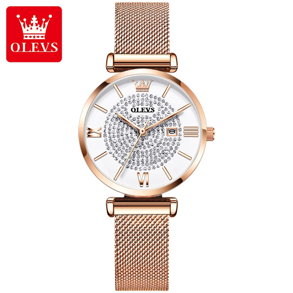 OLEVS 6892 Women's Watches Elegant Fashion Original Wristwatch Waterproof Stainless Steel Mesh Belt Luminous Inlaid Zircon