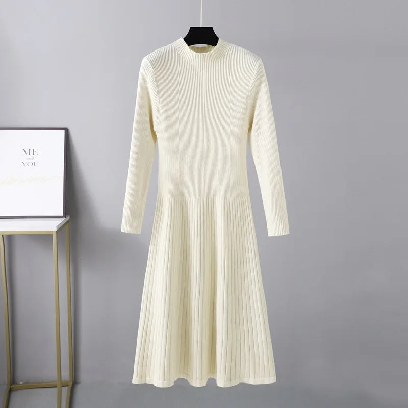 Elegant Slim A-lined Knitted Sweater Dress Women O-neck Long Sleeve Knitwears Vestidos Fall Winter Thick Mid Length Dresses New