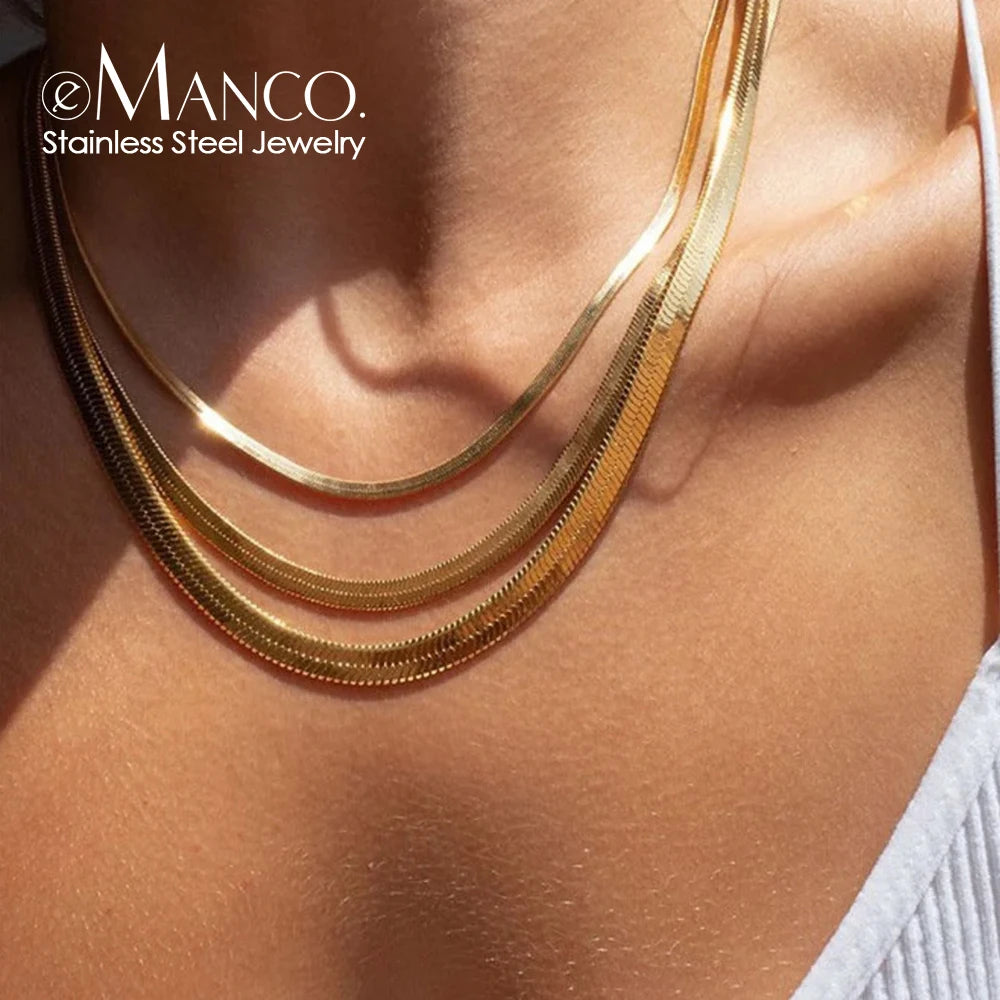 eManco Unisex Stainless Steel Snake Chain Women Necklace Choker Herringbone Gold Color Chain Necklace Jewelry Wholesale
