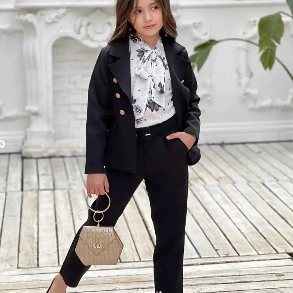 Girl Suits 2 Piece Elegant Daily Casual Fashion Kids Outfits Party Wedding Chic Double Breasted Notch Lapel Girl Clothes