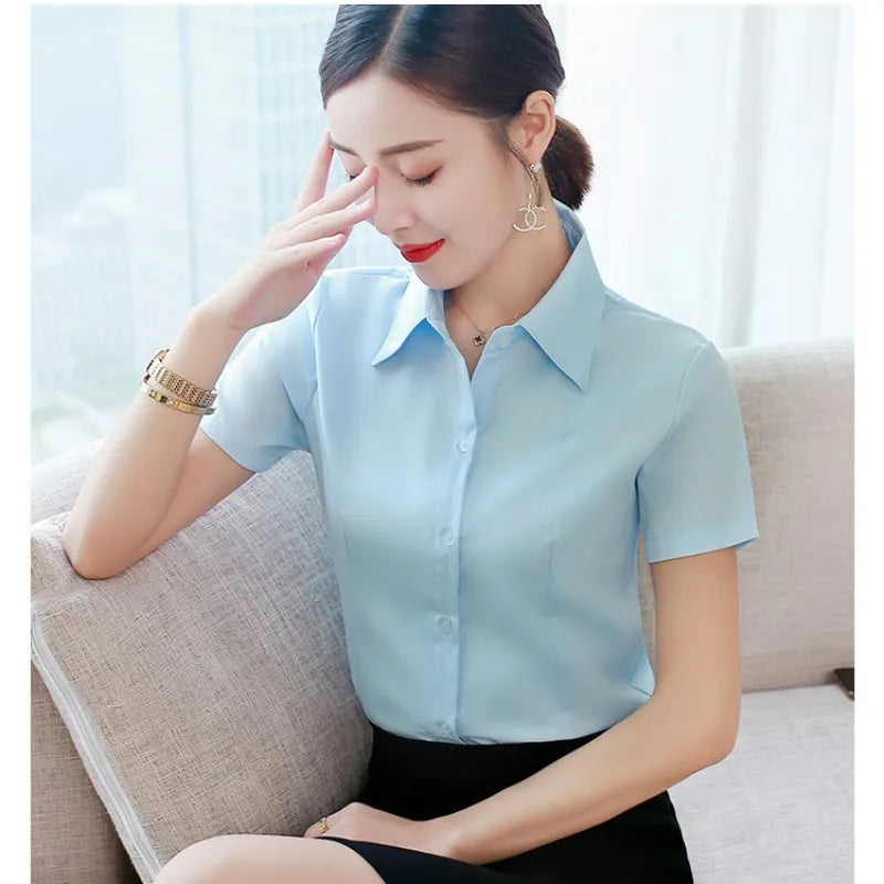 Fashion White Shirts Woman 2025 Autumn Short Sleeve Blouse Solid Ladies Tops OL Female Clothing  Basic Work Shirt Women's Blouse