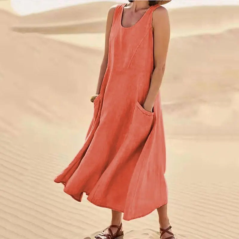 Women Coton Linen Sundress Summer Female Sleeveless Double Big Pocket Loose Sand Beachwear Long Dress Oversized S-5XL LRFZ-818