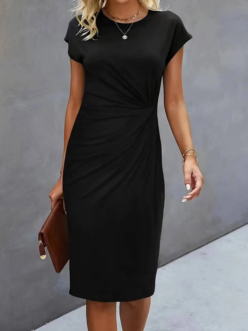 Women's casual dress tight dress front knot round neck medium-long dress fashion basic daily wear