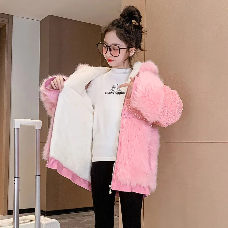 Cute Stellalous Kuromi Girl Fur Coat Plush Jacket Fashion Hooded Padded Jacket Winter New Teen Thicken Warmth Fur Coat Outerwear