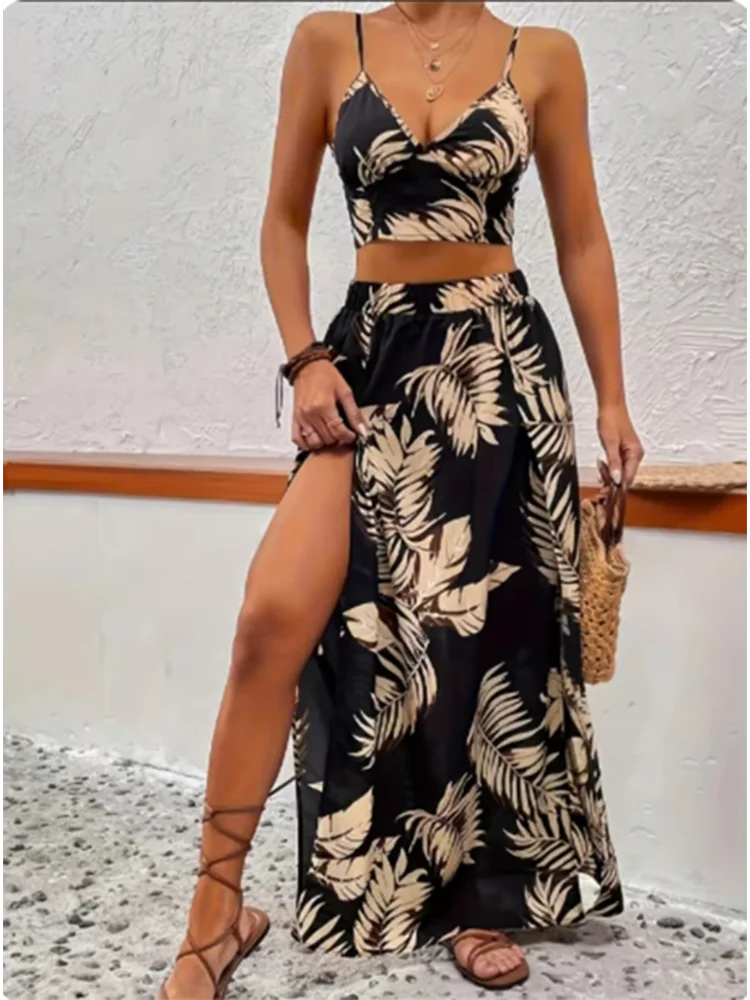 Sleeveless Printed Dress Set for Women Sexy Half Skirt Elegant Deep V-Neck Strap High Waist Summer Luxury