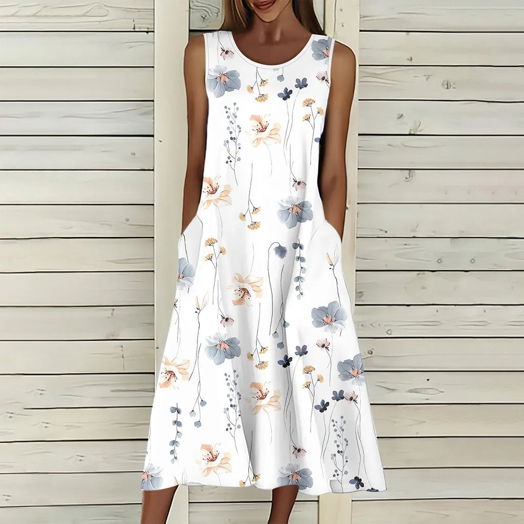 2025 Women's PLUS SIZE Summer Sleeveless Print Casual Dress for Holiday Women Clothing  Maxi Dress  White Dress summer dress