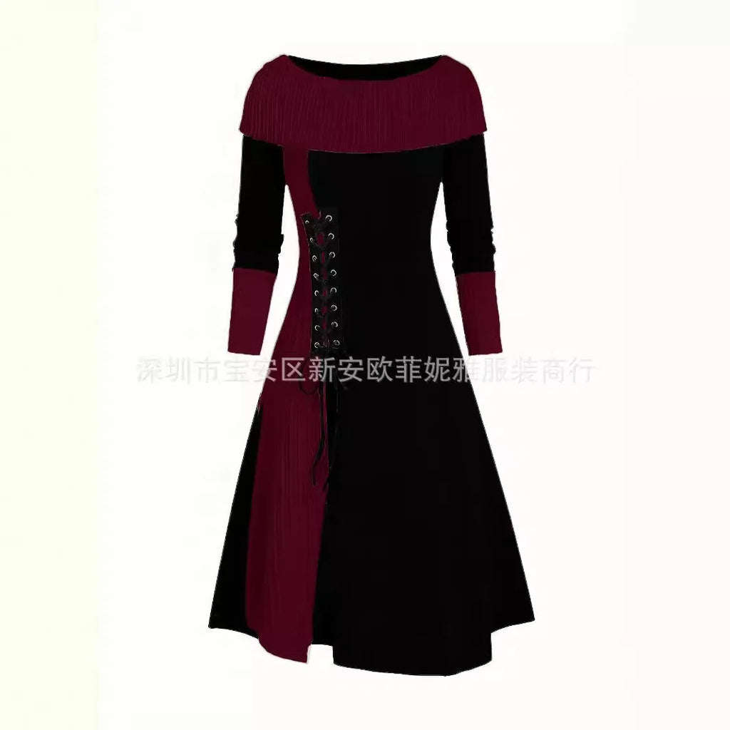 Fall Winter Women Dresses Elegant Temperament Colorblocked Dress Warm Long Sleeved Long Commuter Skirt for Female Dress 2025