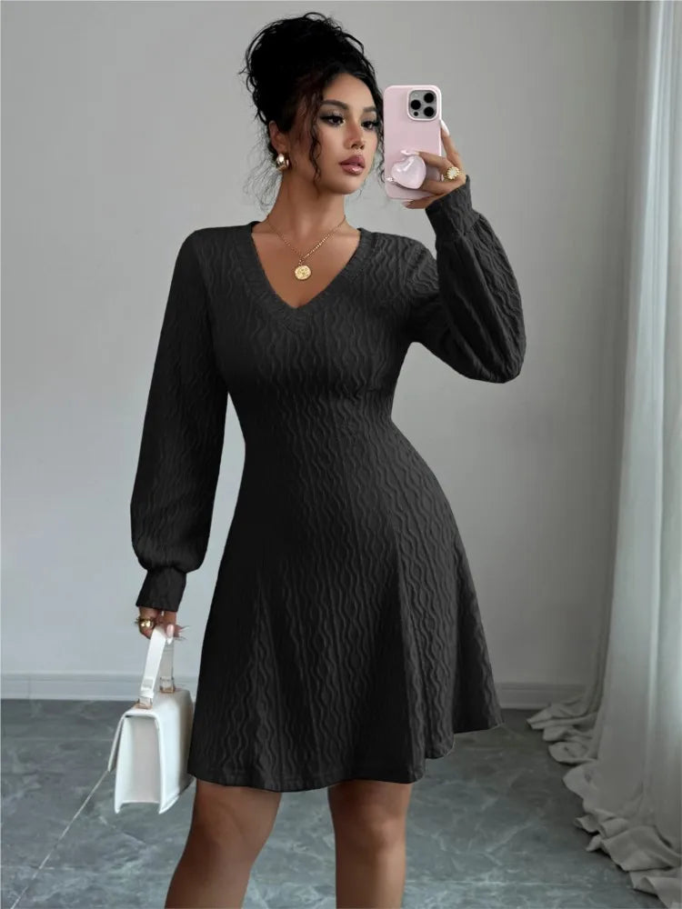 Autumn Women's Dresses Long Sleeve V Neck Elegant Office Dress For Women New Winter Fashion Solid Color Slim A Line Dress Female