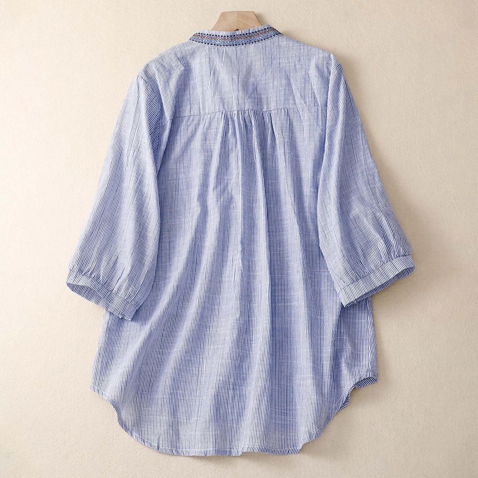 Summer Women's Vintage Embroidered Cotton Linen Stand Half Sleeve Shirt Blouse Short Sleeve Active Wear