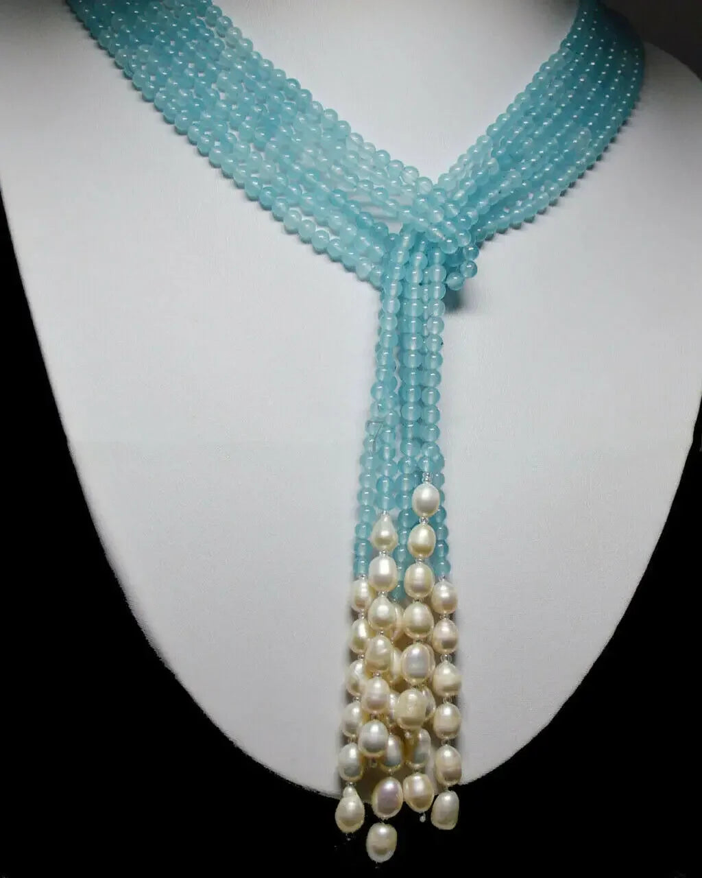 3 Strands 4mm Blue Aquamarine & 6-7mm White Rice Pearl Beads Long Necklace 49''