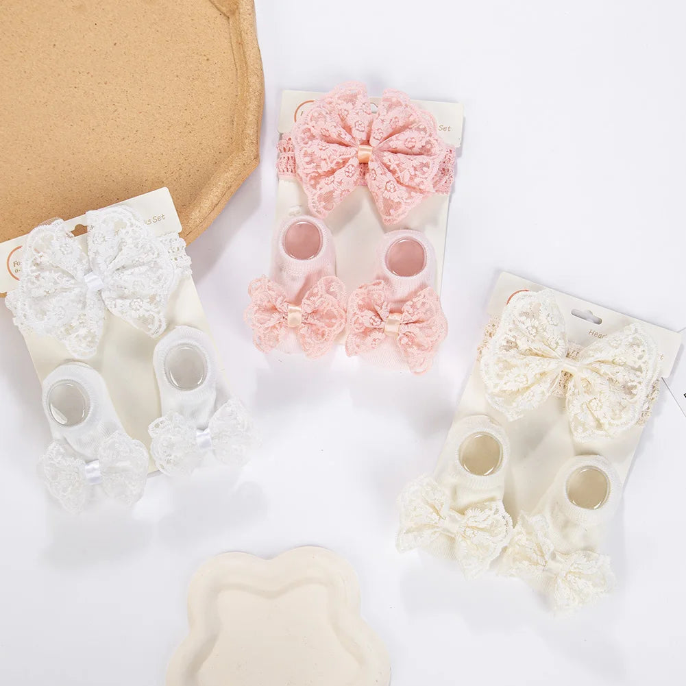 3Pcs/Set Cream Lace Baby Headbands&Socks Newborn Princess Girls Wide Rhinstone Pearl Eastic Hairbands Kids Headwear Photo Props