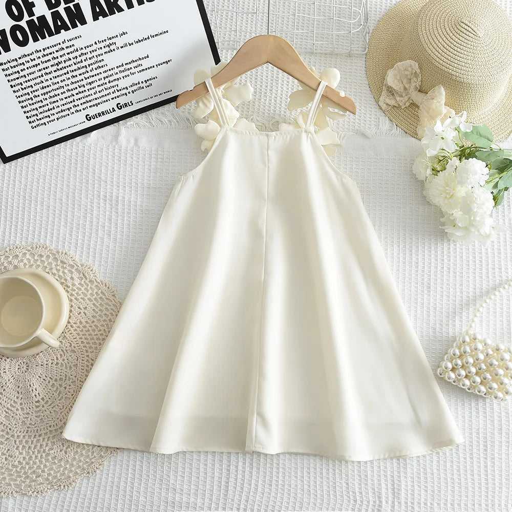 2025 Summer New Korean Version Baby Girl Casual Solid Color Dress White 3D Flower Decoration Fashion Temperament Princess Dress
