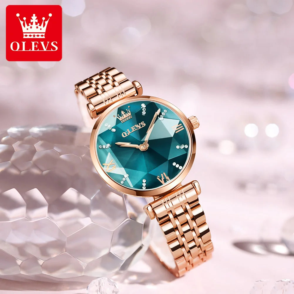 OLEVS Japan Quartz Movement Women's Watches Elegant Rose Gold Steel Strap Fashion Rhombus Glasses Waterproof Ladies Watches 6642