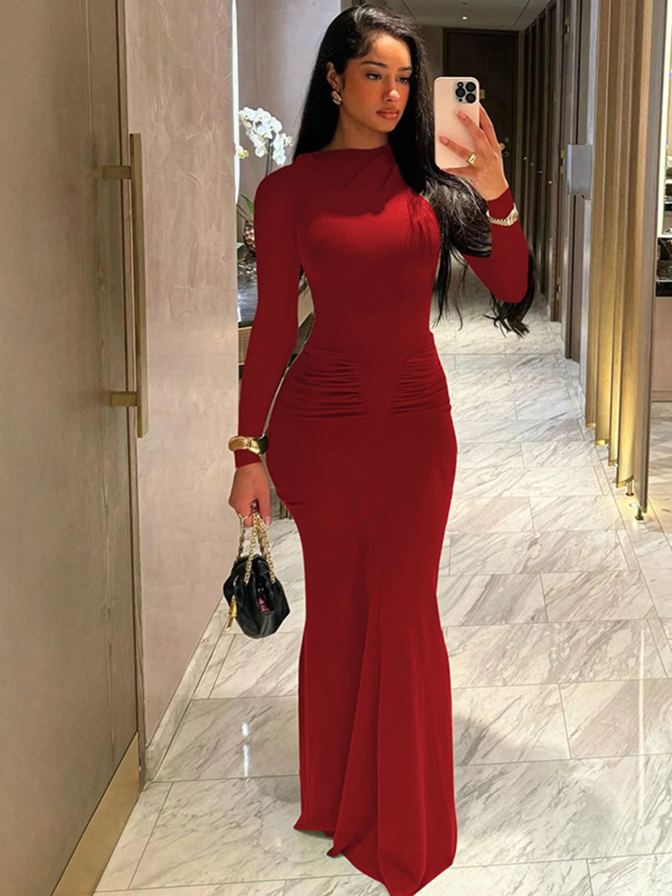 Hugcitar Autumn Solid Long Sleeve Draped Sexy Bodycon Maxi Prom Dress Women Fashion Y2K Outfits Evening Party Festival Club