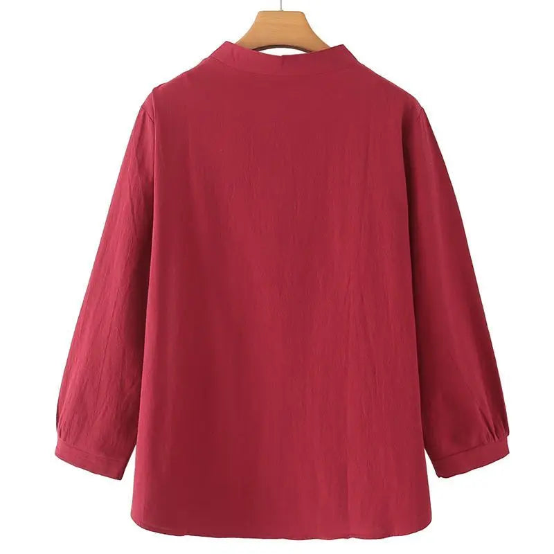 MiddleAged Women Spring Autumn Long Sleeve Shirt Full Cotton Embroidered Loose Stylish Base Layer