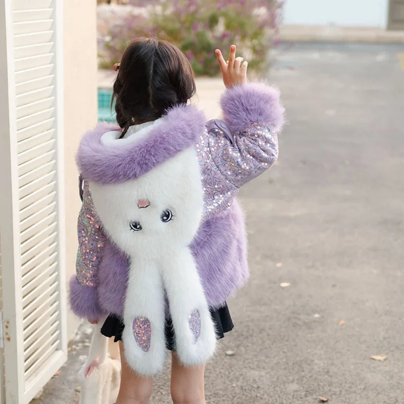 Cute Stellalous Kuromi Girl Fur Coat Plush Jacket Fashion Hooded Padded Jacket Winter New Teen Thicken Warmth Fur Coat Outerwear
