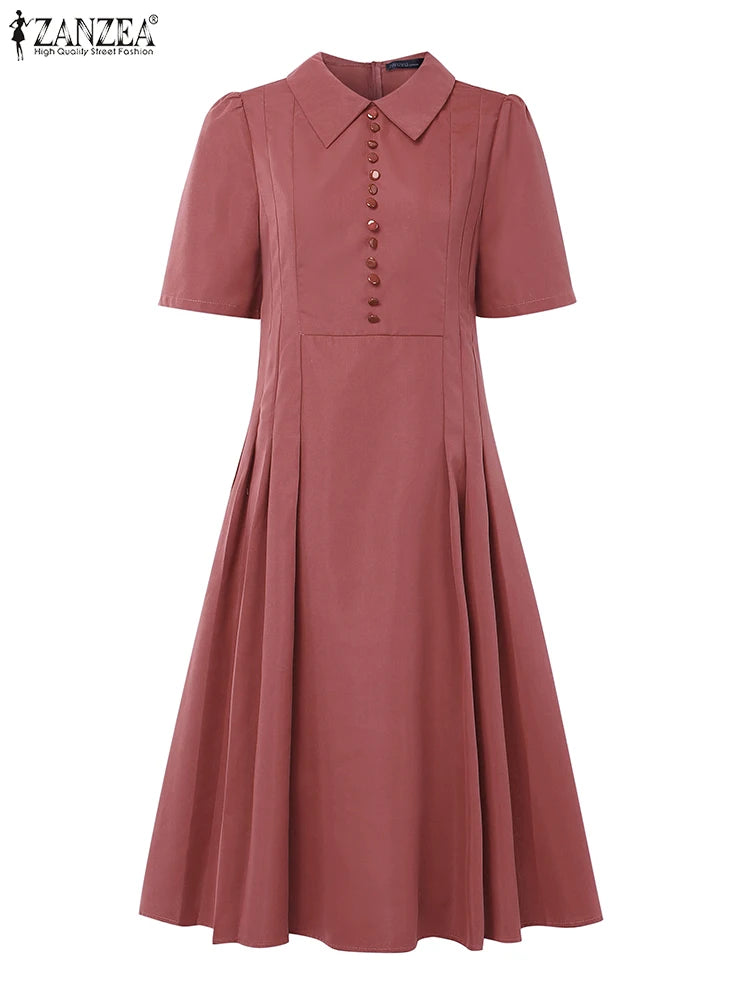 ZANZEA Elegant Women Pleated A-Line Dresses Summer Fashion Short Sleeve Fitted Waist Robes Femme Office Commuting Midi Vestidos