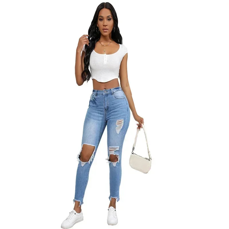 Women Jeans Holes Distressed Pencil Pants Denim Pockets Sexy High Waist Washing Zipper Fly Slim Fit Ankle Length Summer