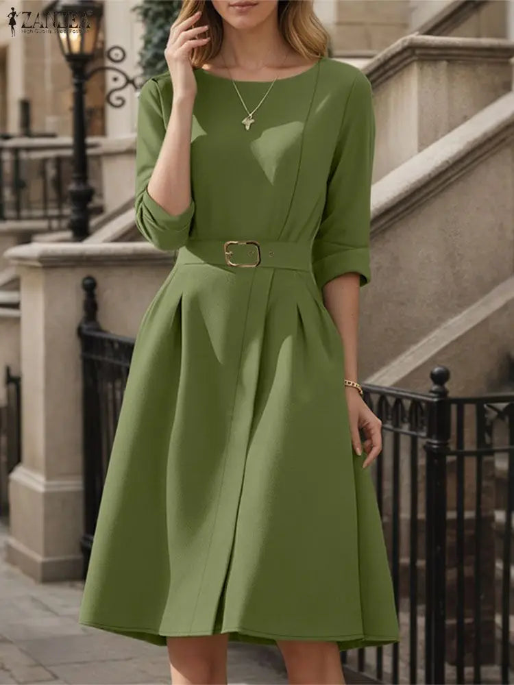 ZANZEA Elegant Women Vestidos With Belt 3/4 Sleeve Casual Knee-Length Dresses 2025 Autumn Solid Color Fashion Office Party Robe